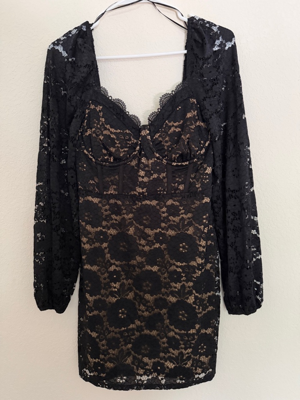 Lush Black Lace Long Sleeve Bodycon Dress with Nude Lining